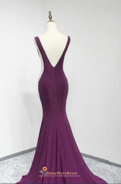 Simple Fit and Flare V-beck Purple Party Dress