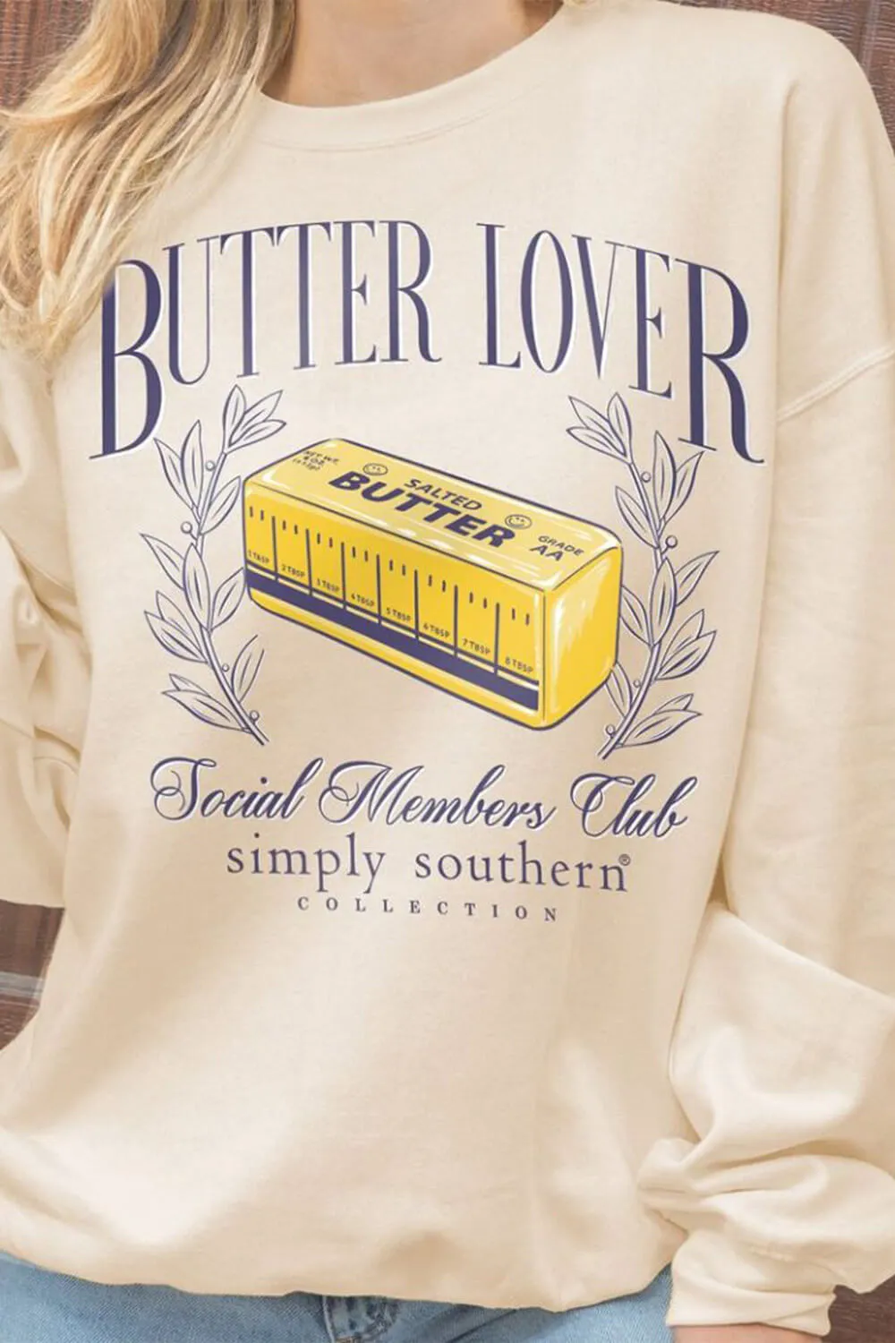 Simply Southern Butter Lover Fleece Sweatshirt for Women in Sand | CREW-BUTTER-SAND