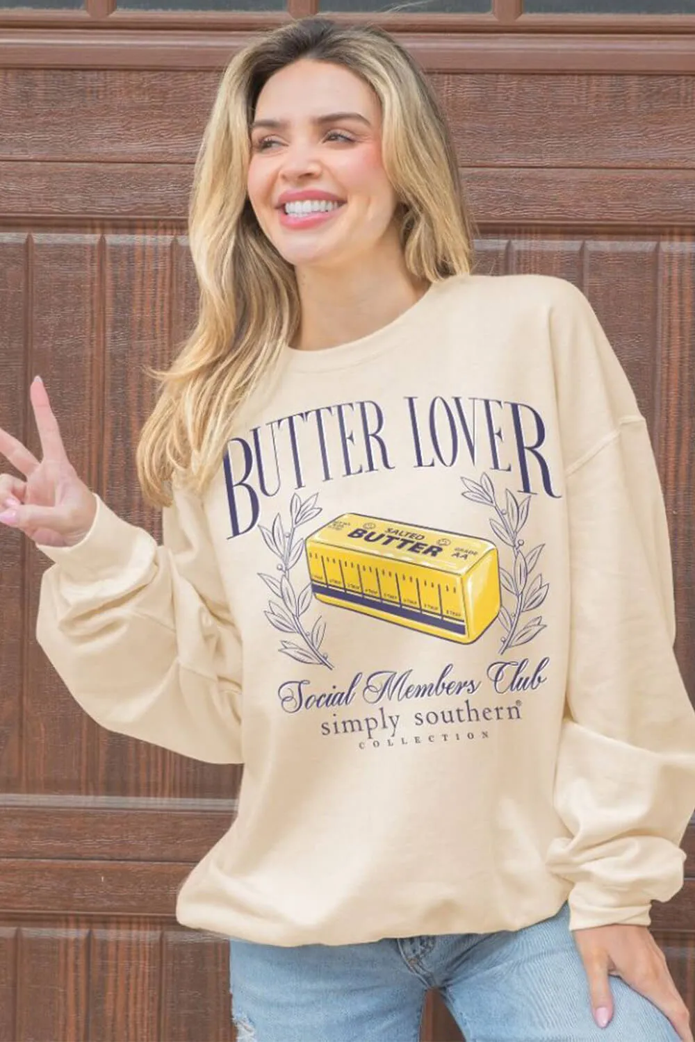 Simply Southern Butter Lover Fleece Sweatshirt for Women in Sand | CREW-BUTTER-SAND