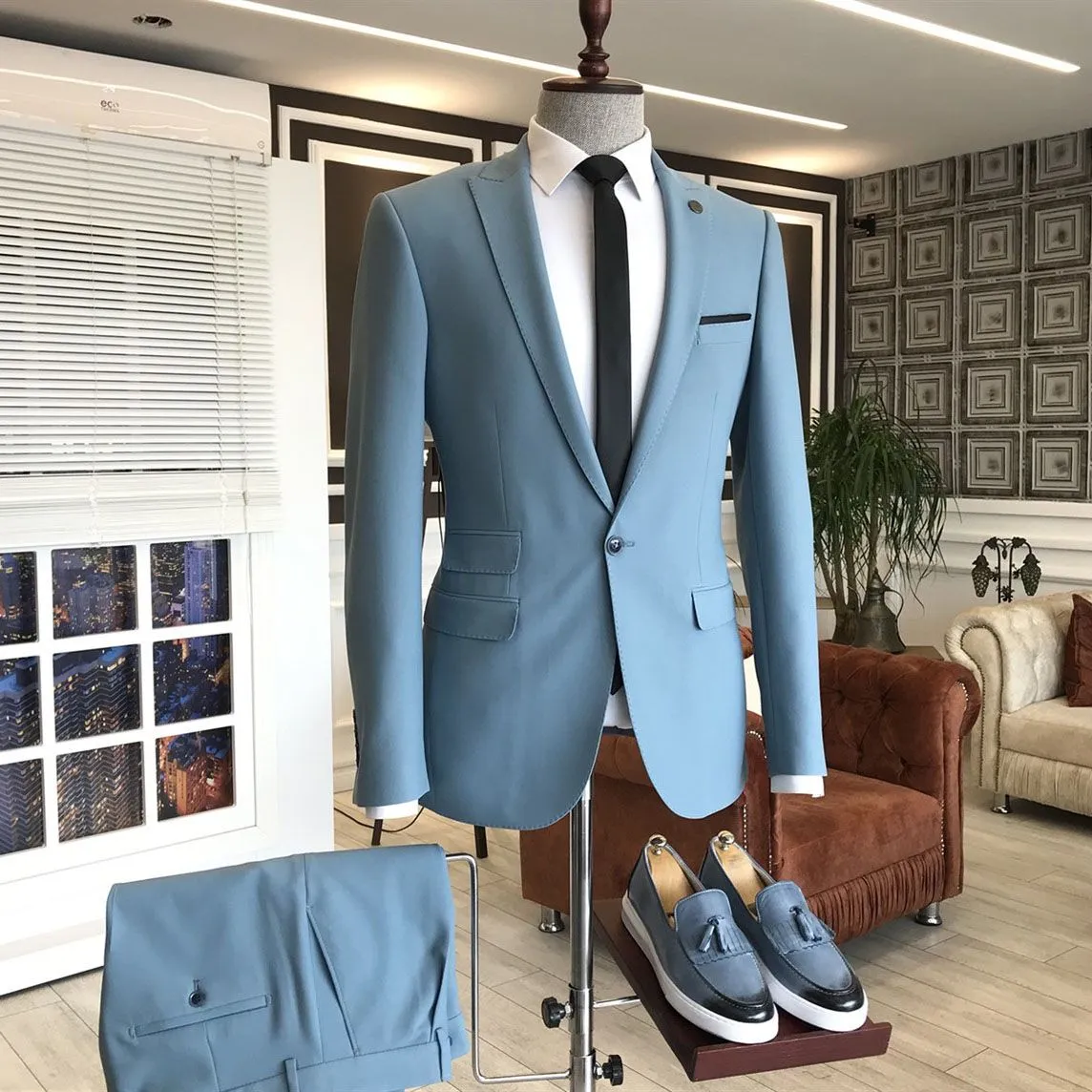 Sky Blue Peaked Lapel 3 Flaps Mens Prom Outfits