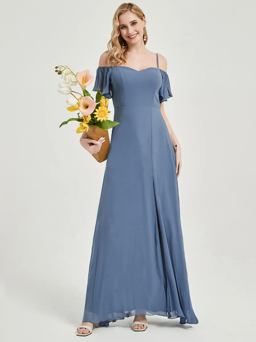 Slate Blue Spaghetti High Split Bridesmaid Dress For Wedding Party
