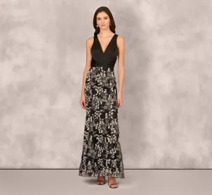 Sleeveless Embroidered A Line Gown In Grey Multi