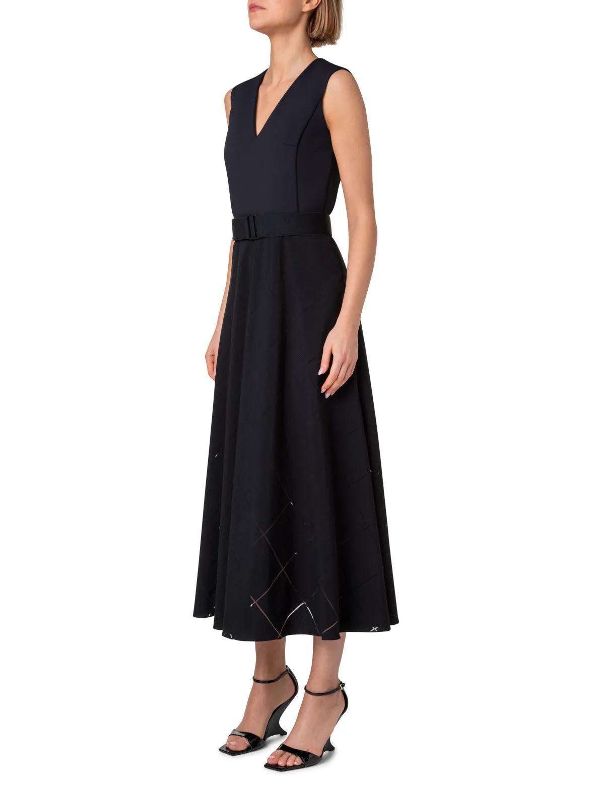 Sleeveless Fit & Flare Window Plaid Midi Dress