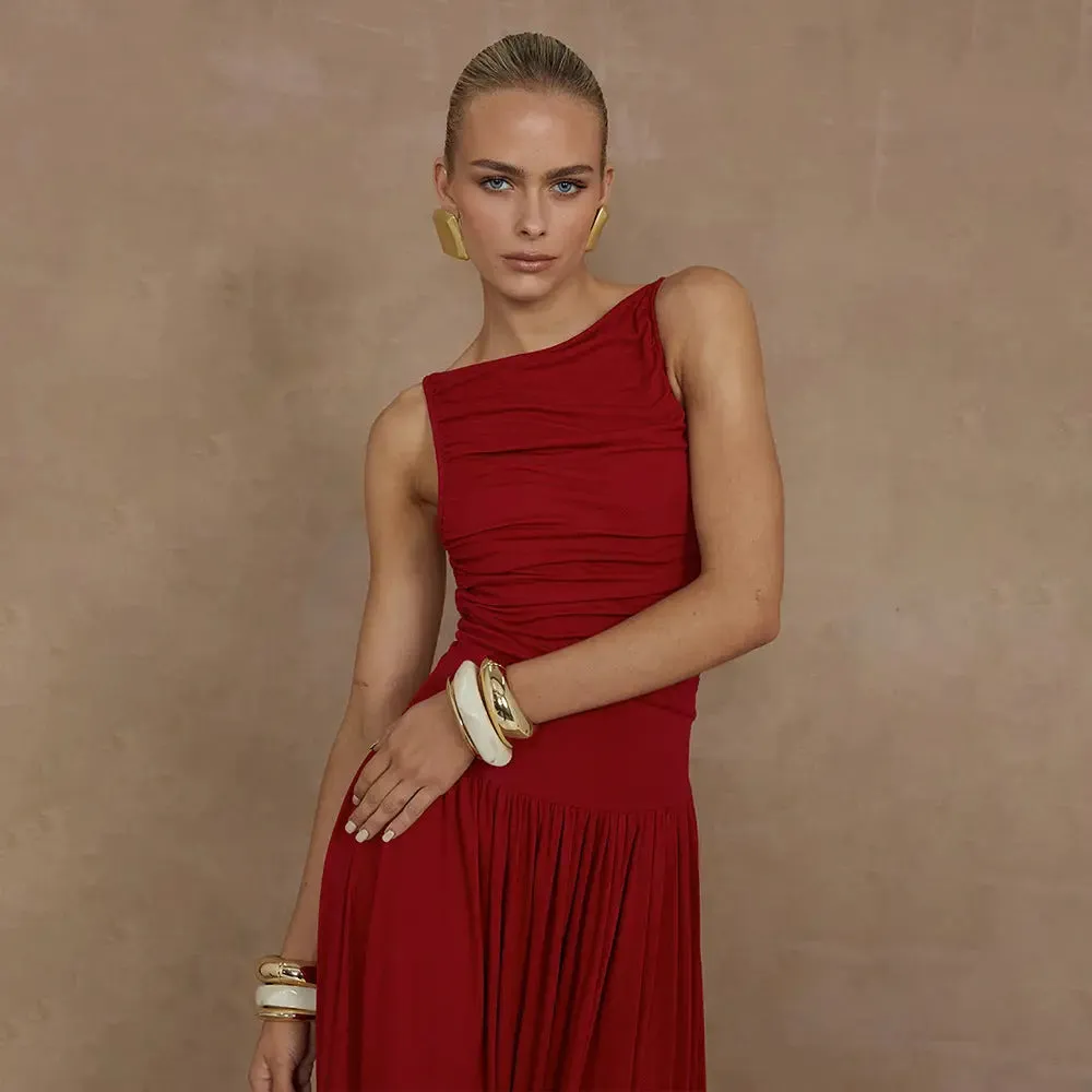 Slim Solid Color Dress - Sexy Sleeveless Pleated Dress