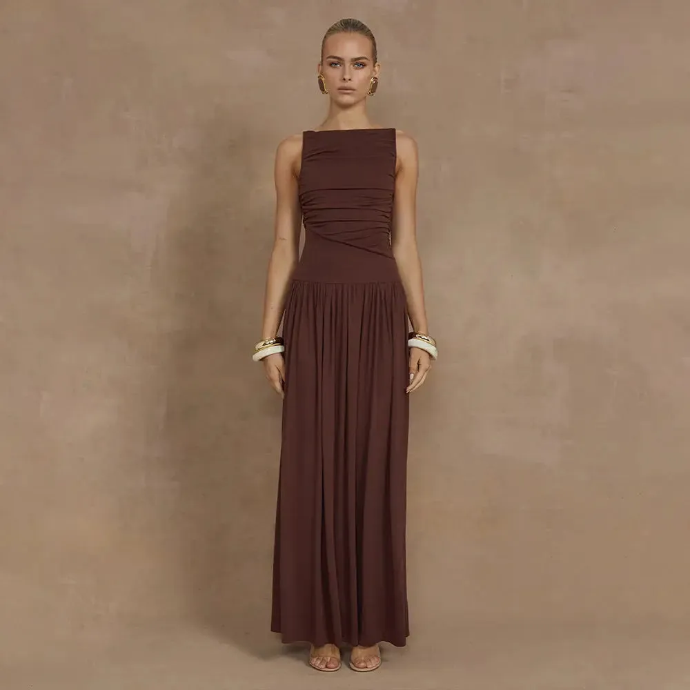 Slim Solid Color Dress - Sexy Sleeveless Pleated Dress