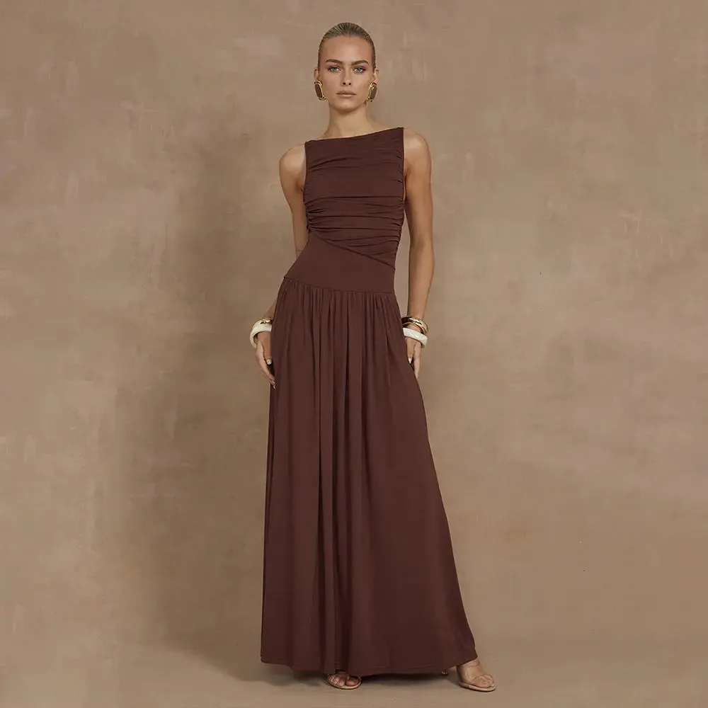 Slim Solid Color Dress - Sexy Sleeveless Pleated Dress