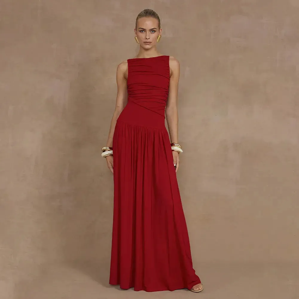 Slim Solid Color Dress - Sexy Sleeveless Pleated Dress