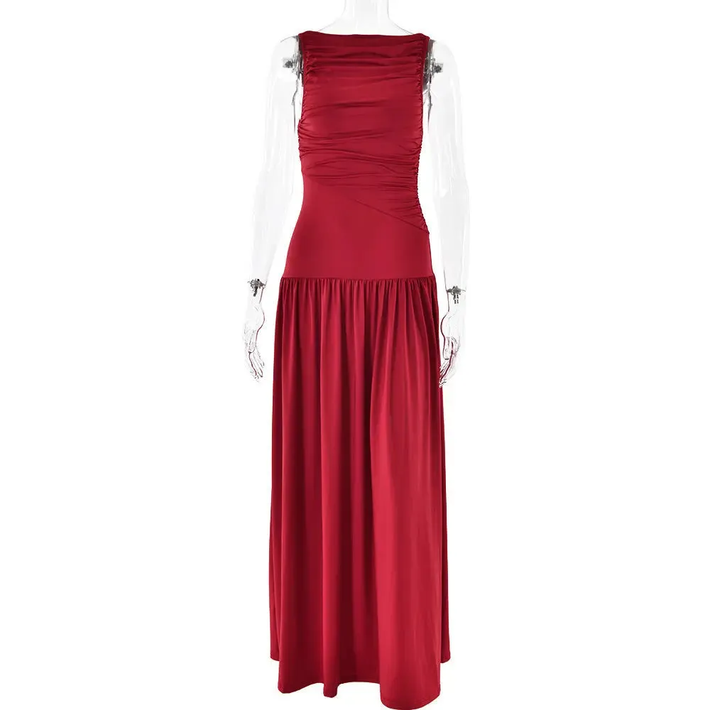 Slim Solid Color Dress - Sexy Sleeveless Pleated Dress