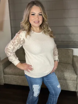Soft lace waffle beige top