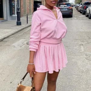 Solid Long Sleeve Hoodie Top & Pleated Skirt Set