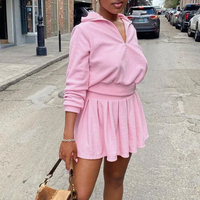 Solid Long Sleeve Hoodie Top & Pleated Skirt Set