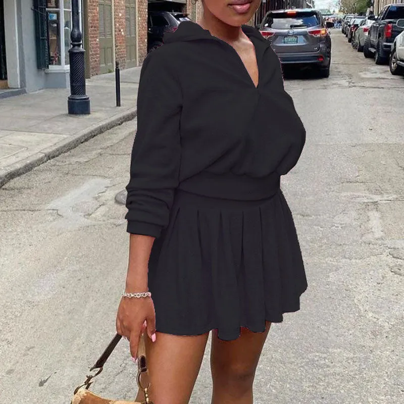 Solid Long Sleeve Hoodie Top & Pleated Skirt Set