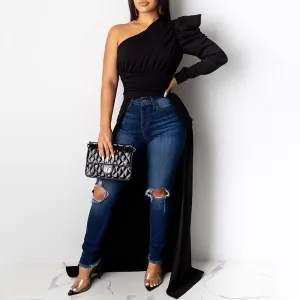 Solid One Shoulder Dip Hem Blouse