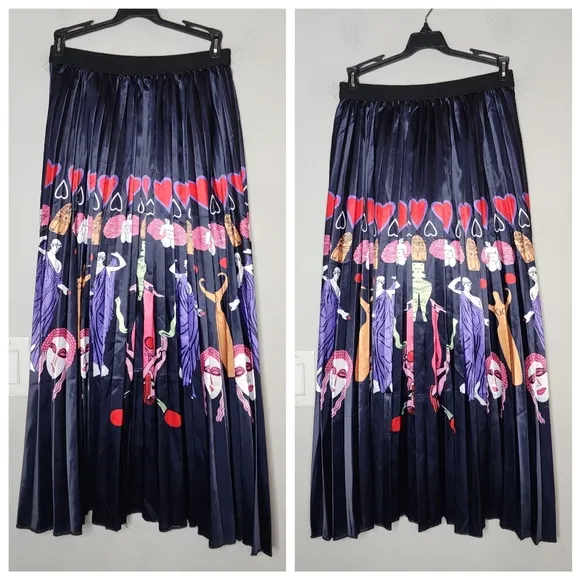 Sorrento Greek Mythology Theme Satin Pull On Pleated Maxi Skirt Size Medium
