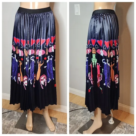 Sorrento Greek Mythology Theme Satin Pull On Pleated Maxi Skirt Size Medium