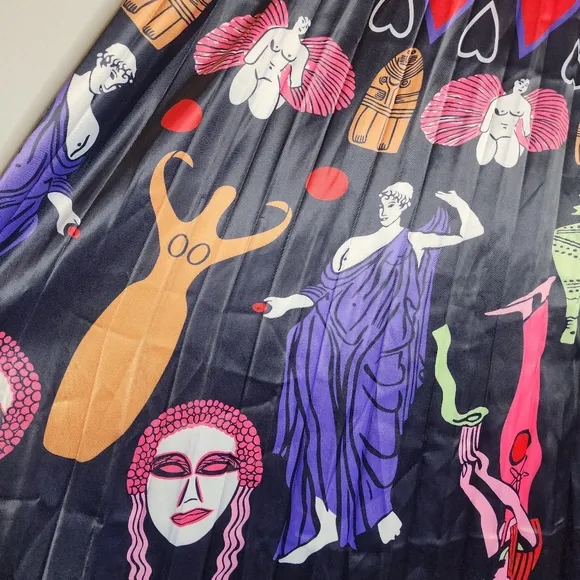 Sorrento Greek Mythology Theme Satin Pull On Pleated Maxi Skirt Size Medium
