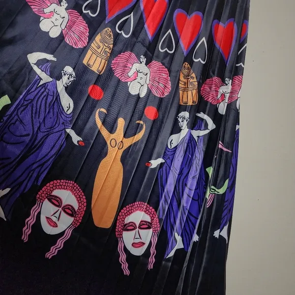 Sorrento Greek Mythology Theme Satin Pull On Pleated Maxi Skirt Size Medium