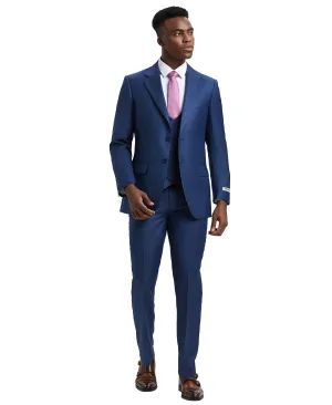 Stacy Adams 3 PC Blue Textured w Double Breasted Vest Mens Suit