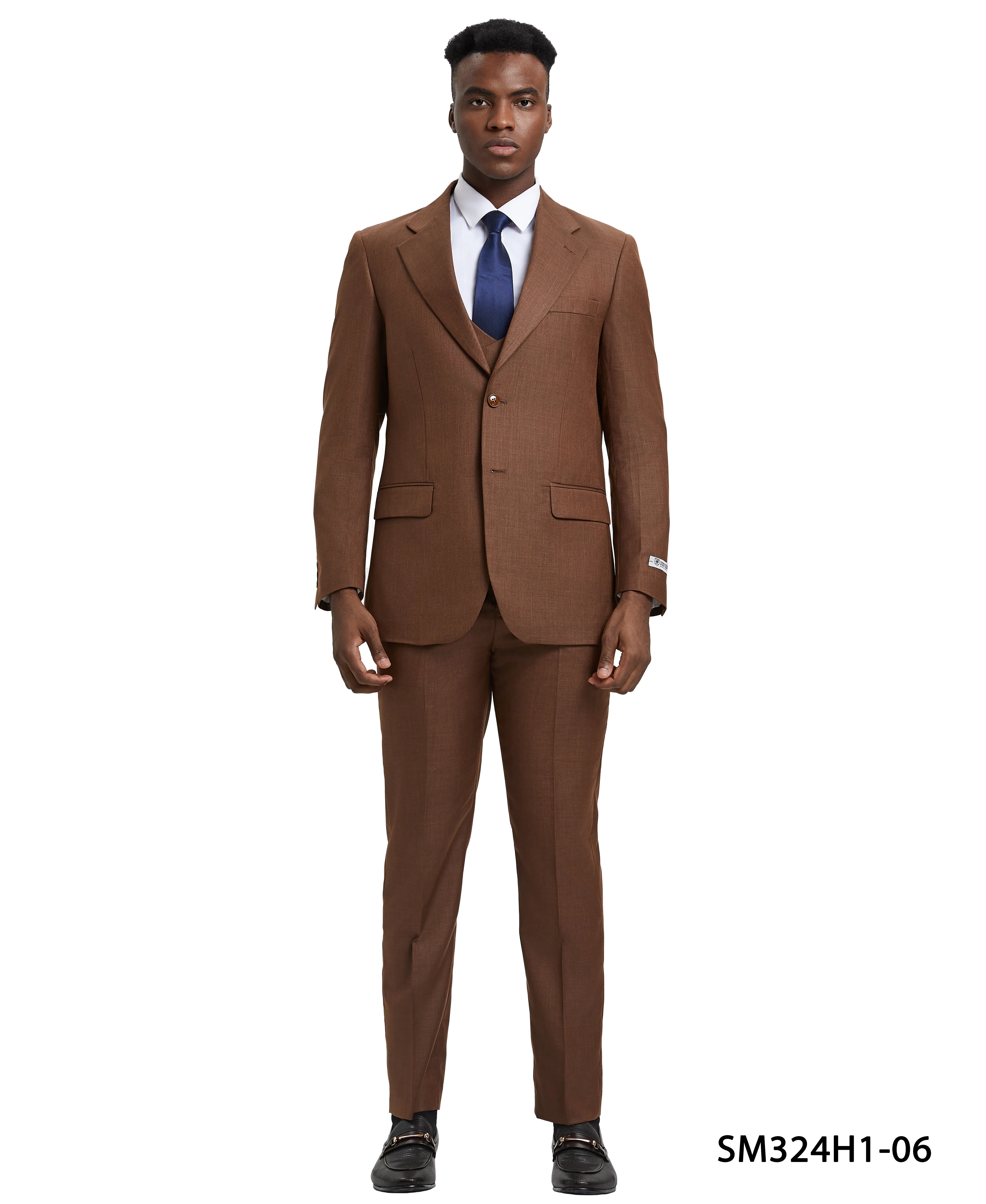 Stacy Adams 3 PC Brown Textured w Double Breasted Vest Mens Suit