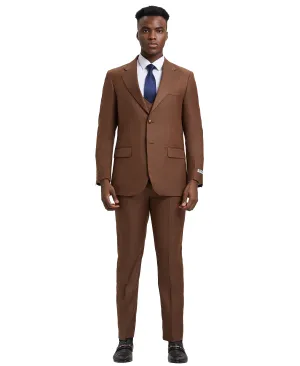 Stacy Adams 3 PC Brown Textured w Double Breasted Vest Mens Suit