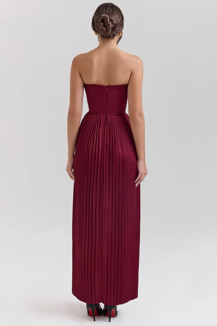 Strapless Cinch Waist Pleated Maxi Dresses