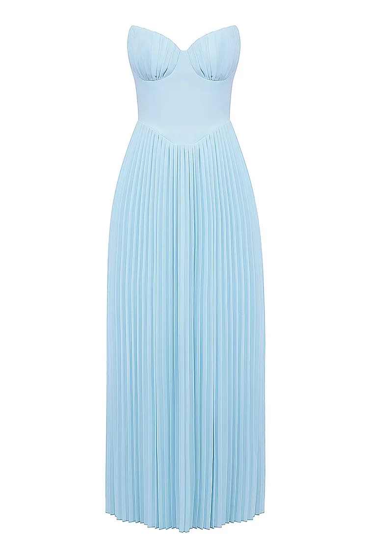 Strapless Cinch Waist Pleated Maxi Dresses