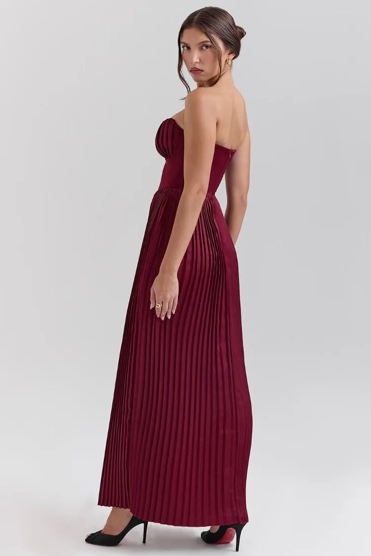 Strapless Cinch Waist Pleated Maxi Dresses