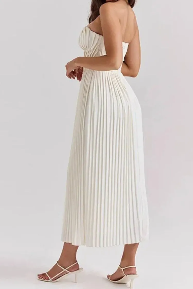 Strapless Cinch Waist Pleated Maxi Dresses