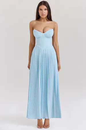 Strapless Cinch Waist Pleated Maxi Dresses