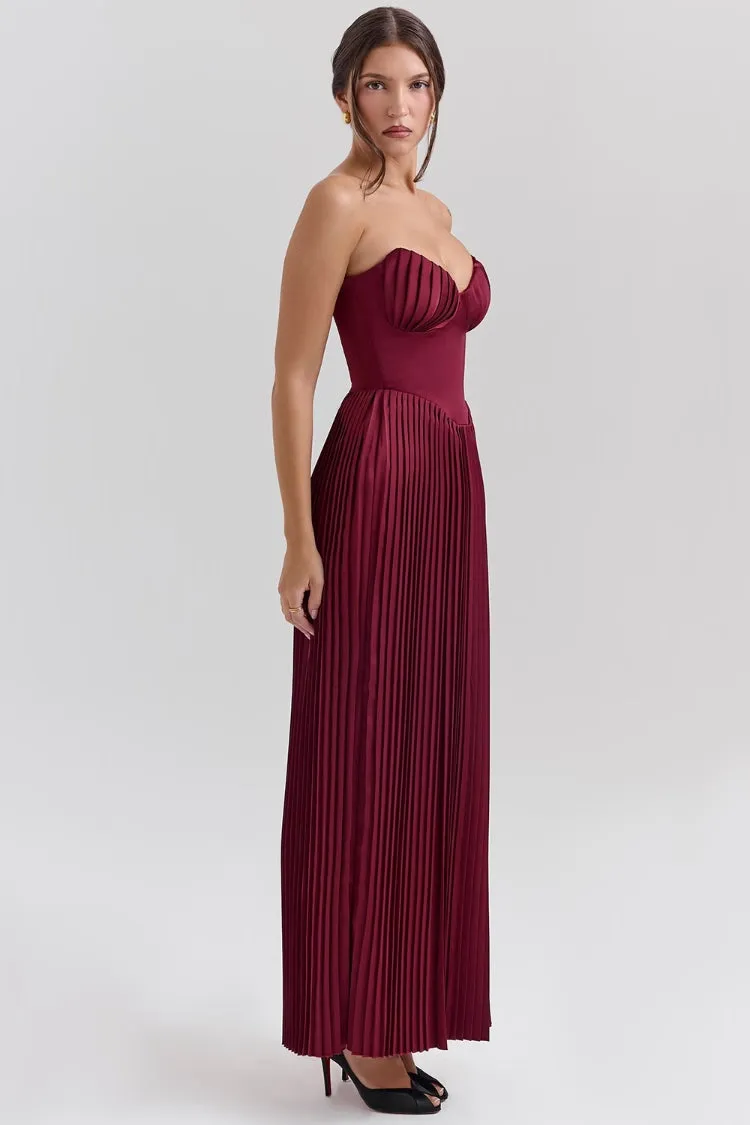Strapless Cinch Waist Pleated Maxi Dresses