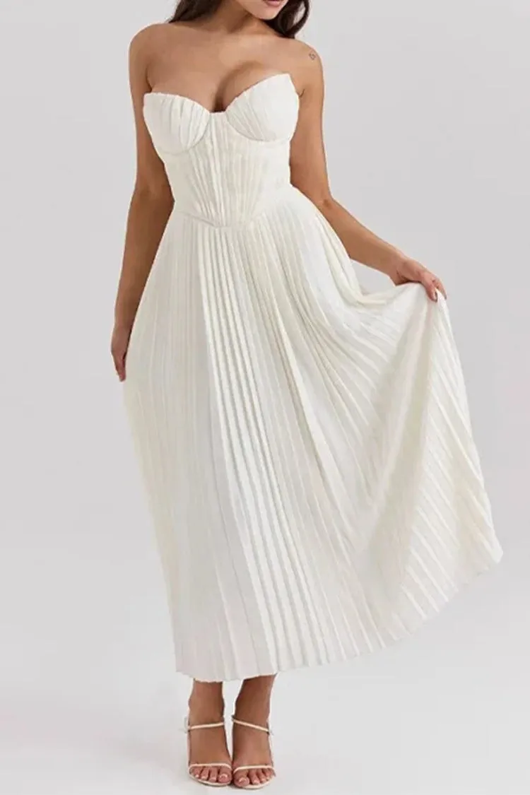 Strapless Cinch Waist Pleated Maxi Dresses