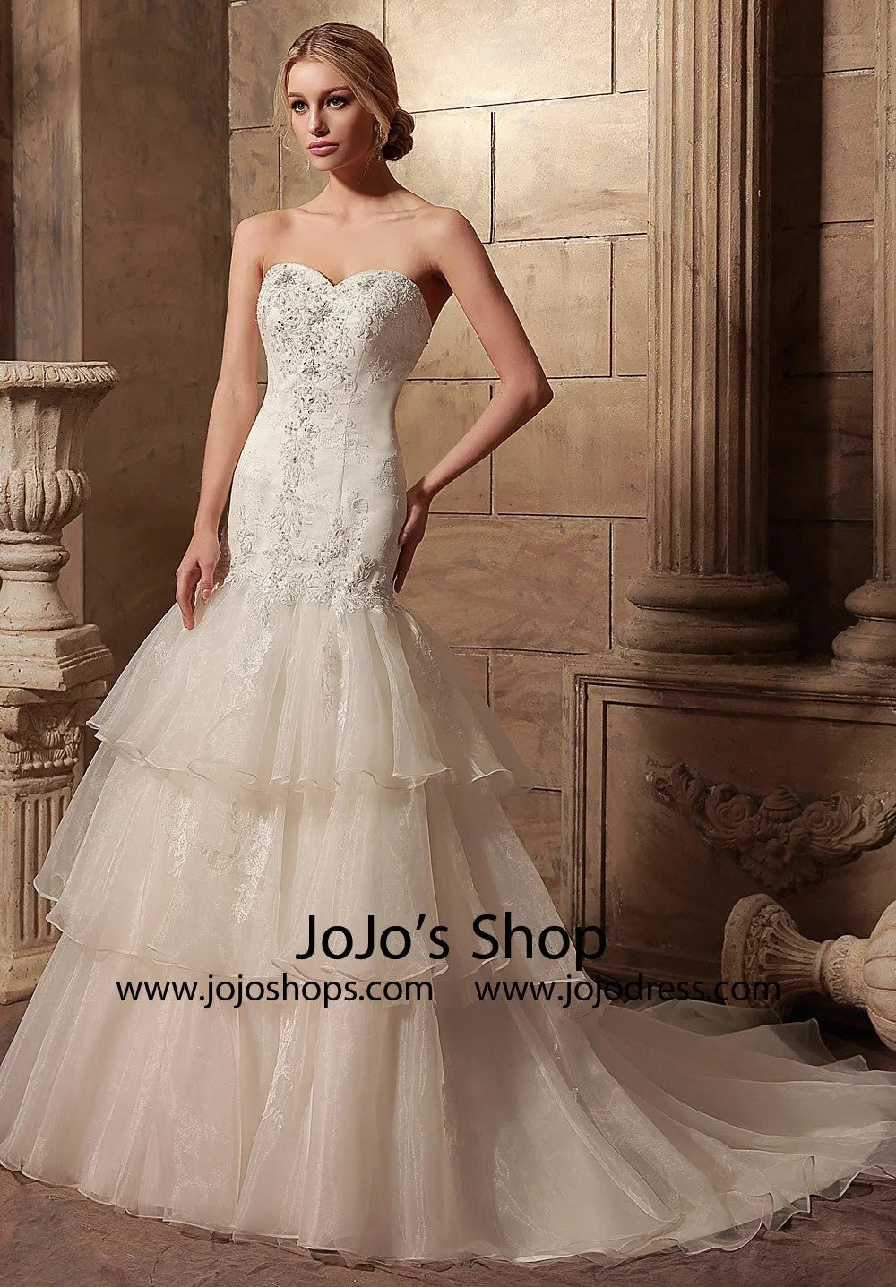 Strapless Fit and Flare Wedding Dress with Tiered Skirt | HL1015