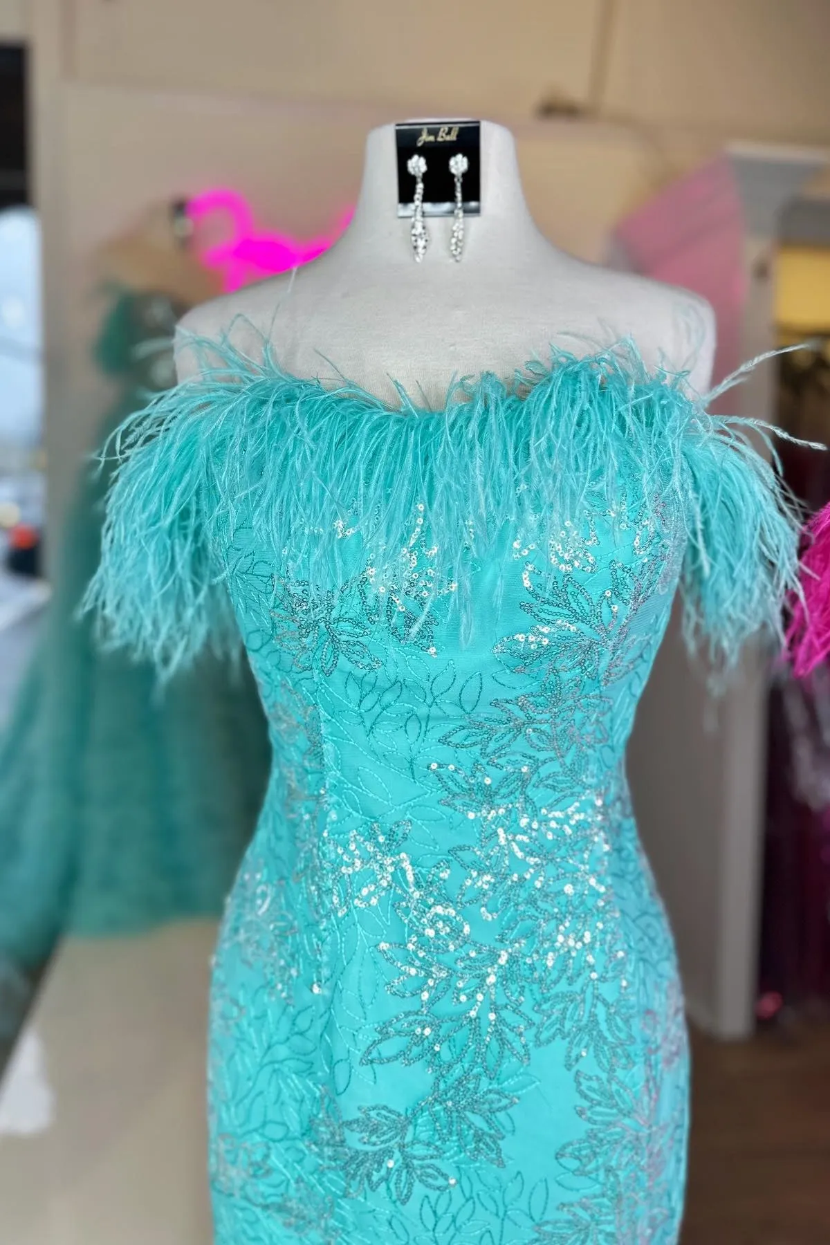 Strapless Sequins-Embroidered Mermaid Prom Dress with Feathers