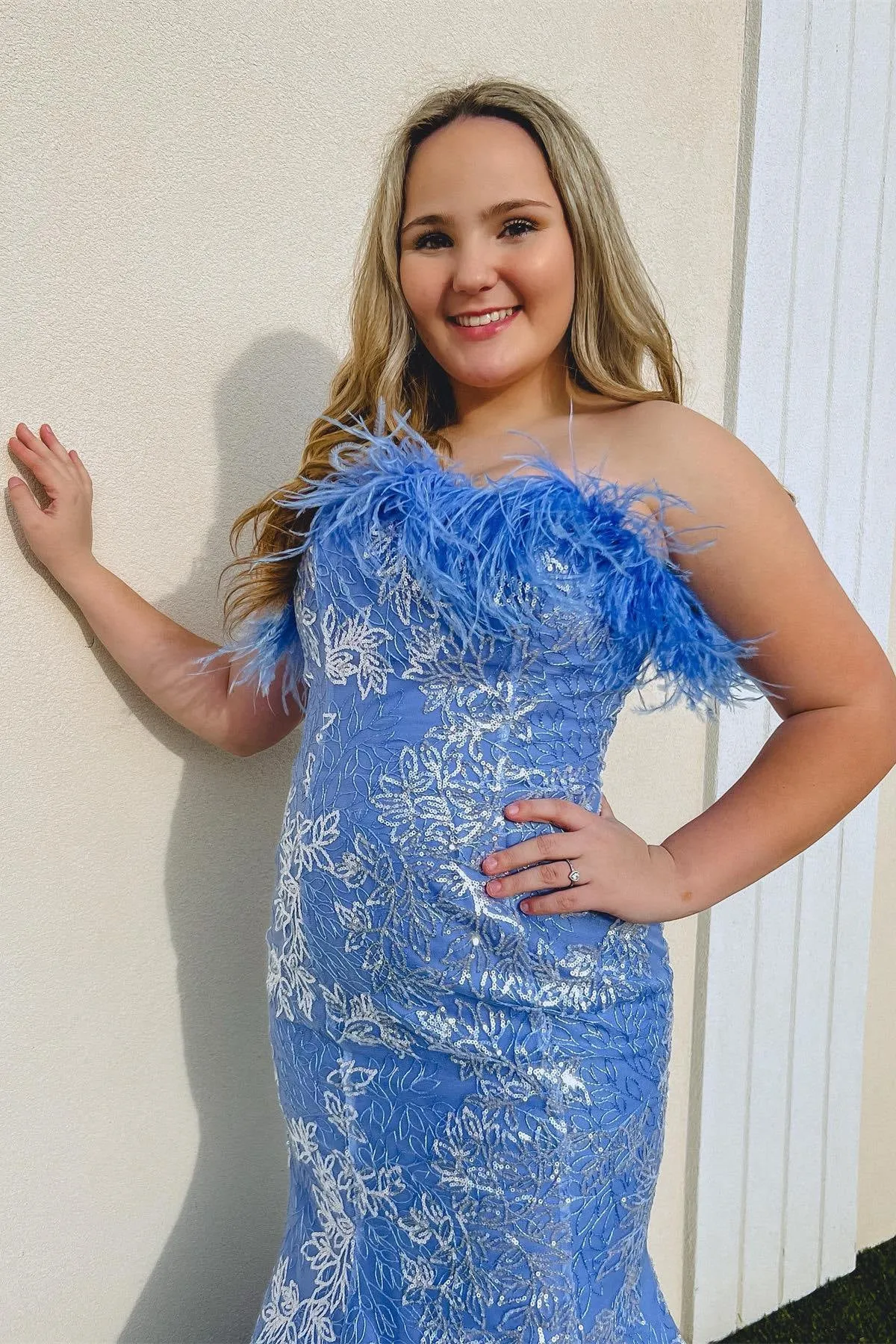 Strapless Sequins-Embroidered Mermaid Prom Dress with Feathers