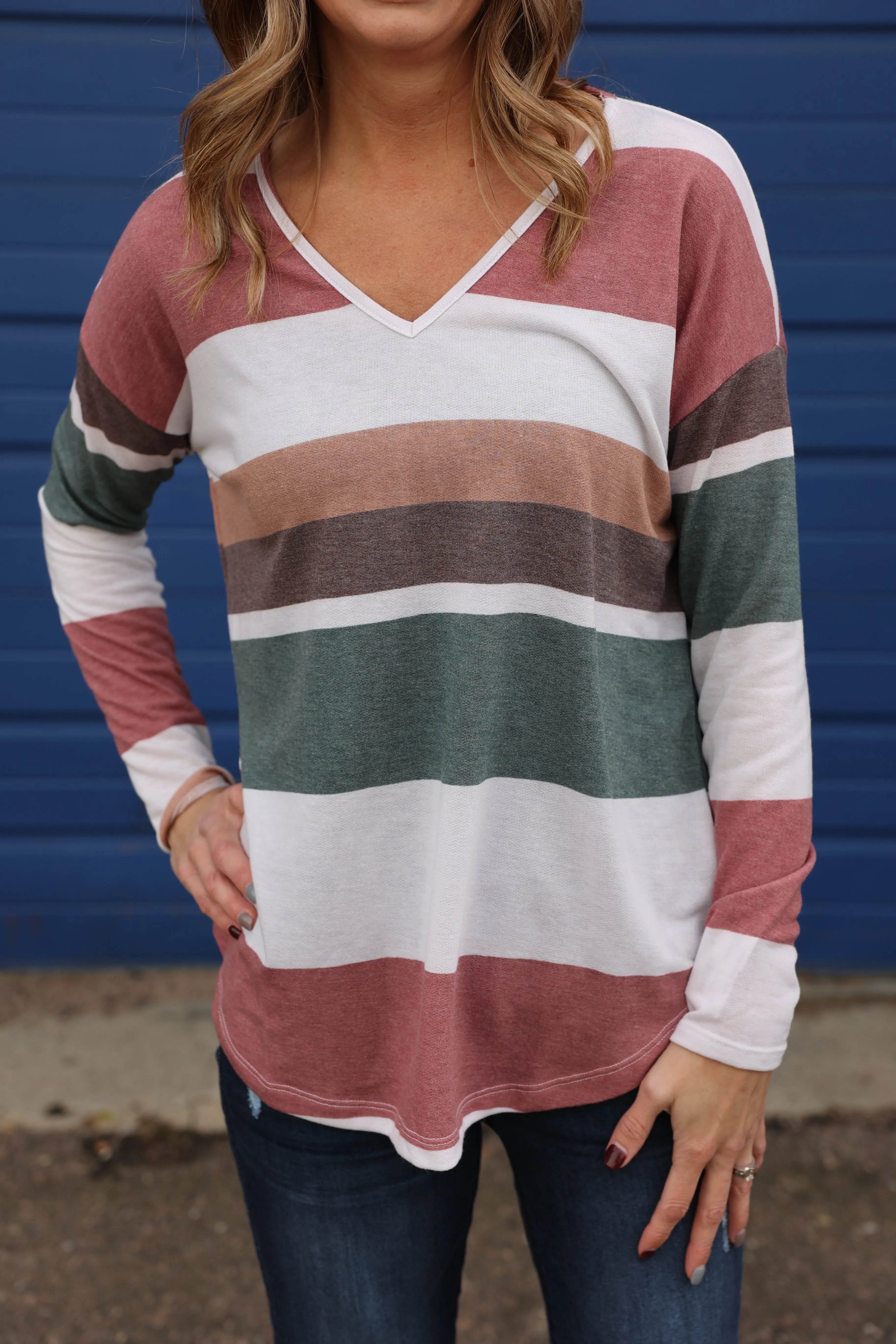 Striped Long sleeve Top In Rust & Olive