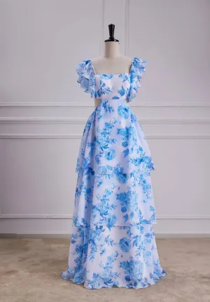 Sweet Blue Floral Print A Line Backless Ruffles Prom Dress