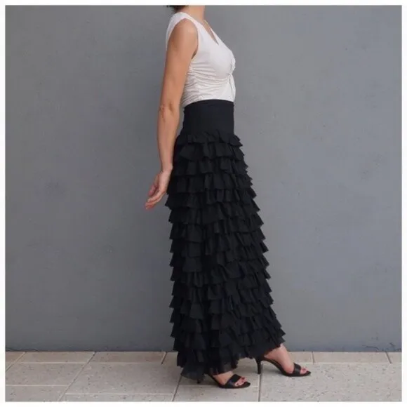 TALBOTS 100% Silk ruffle maxi long skirt black tiered whimsigoth size 14