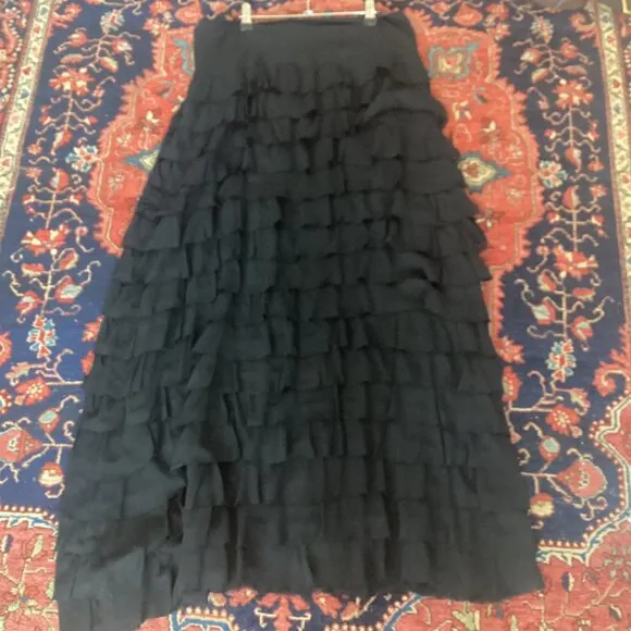 TALBOTS 100% Silk ruffle maxi long skirt black tiered whimsigoth size 14