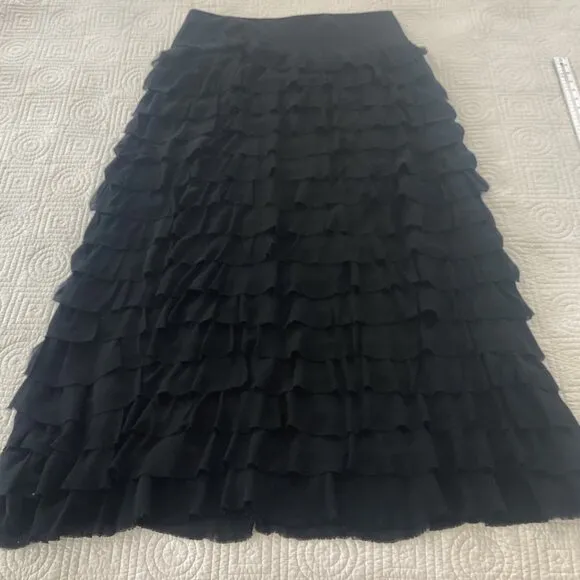 TALBOTS 100% Silk ruffle maxi long skirt black tiered whimsigoth size 14
