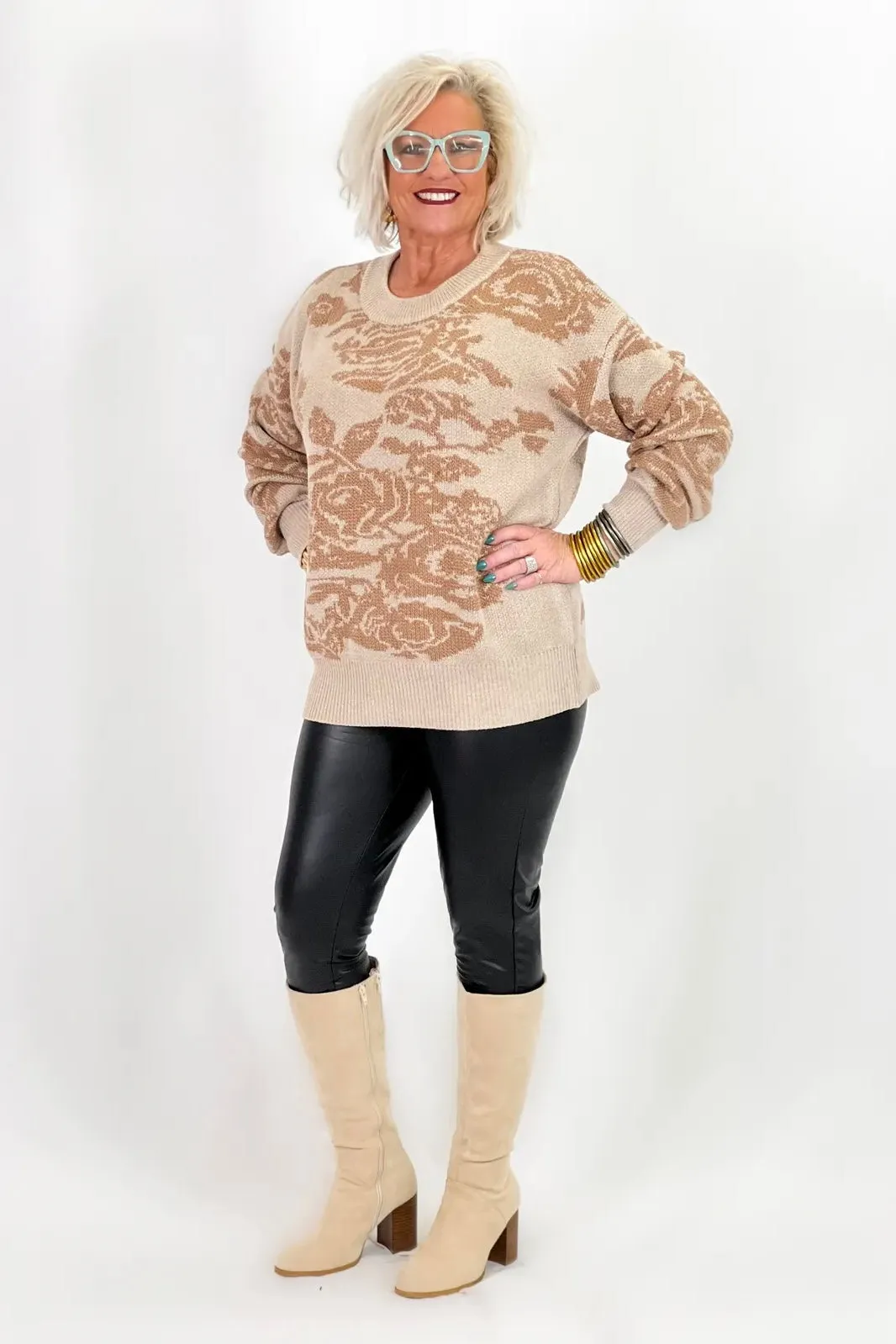 Taupe Long Sleeve Flower Print Sweater *Final Sale*