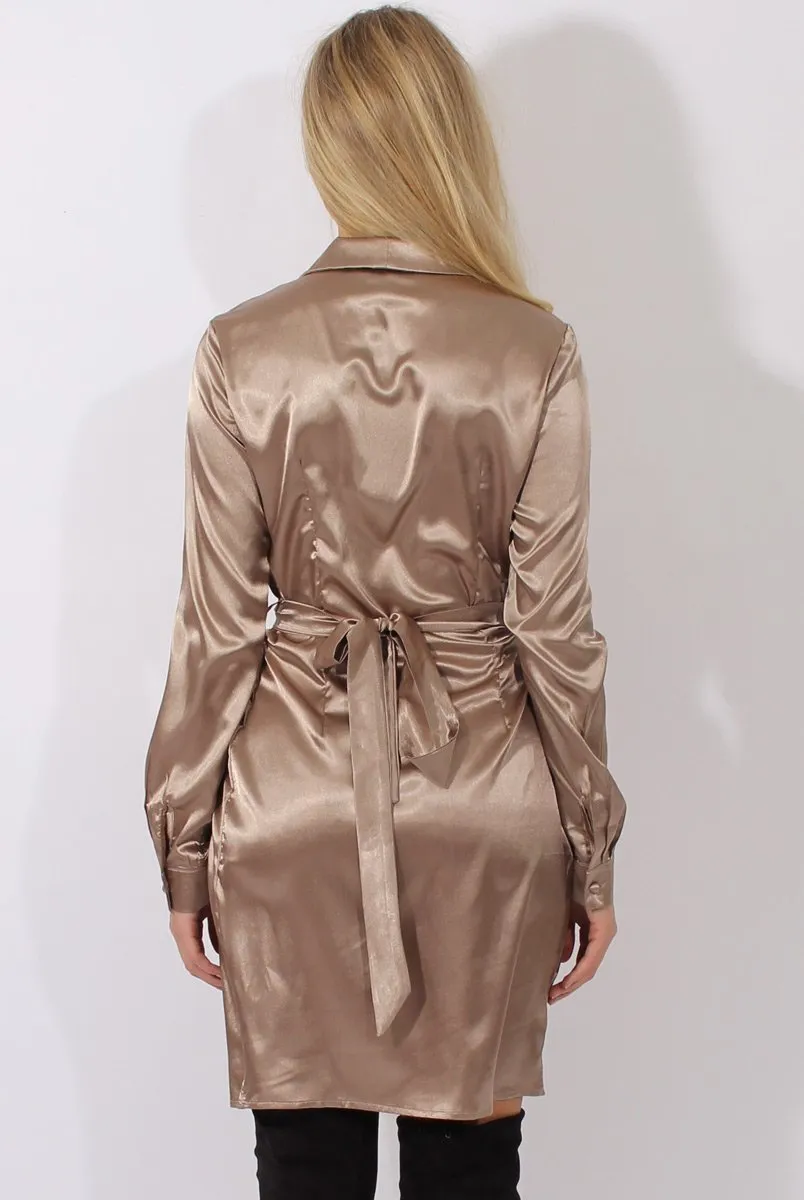 Taupe Satin Wrap Dress - Jolene