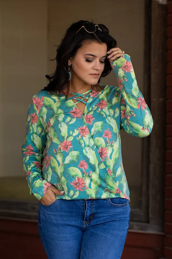 Teal Cactus Criss Cross Neckline Top