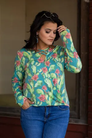 Teal Cactus Criss Cross Neckline Top