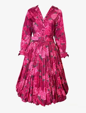 Teal Traina 50s Red and Pink Rose Print Cotton Afternoon Dress with Bubble Skirt