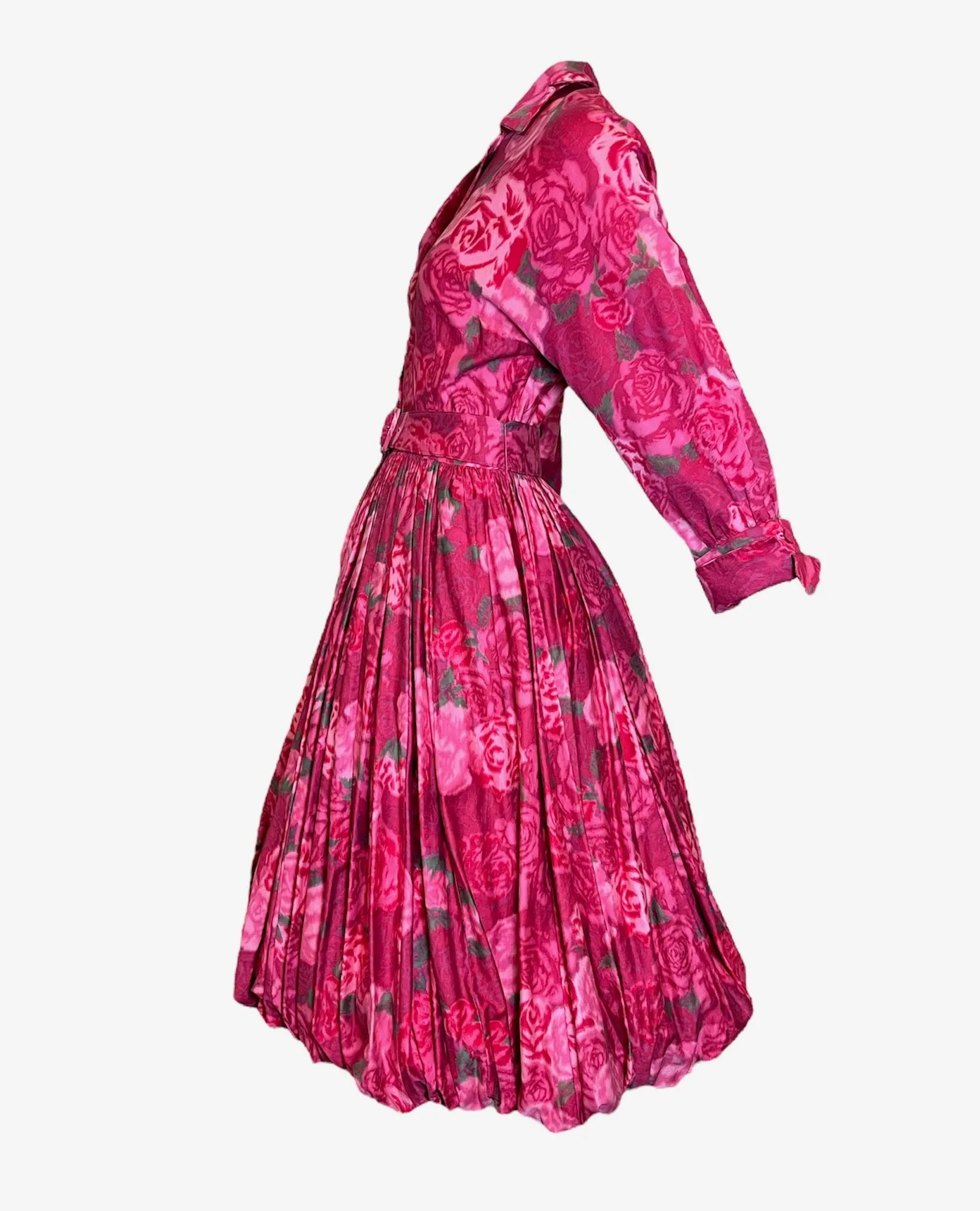 Teal Traina 50s Red and Pink Rose Print Cotton Afternoon Dress with Bubble Skirt