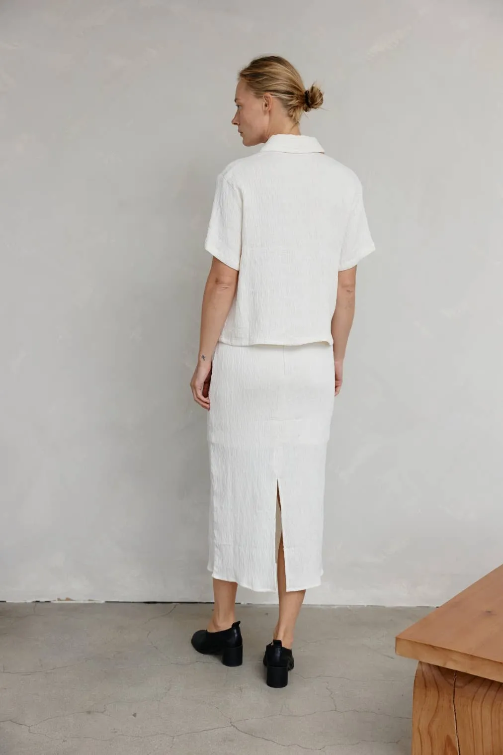 The Miranda Skirt | Textured Midi Skirt with Back Slit