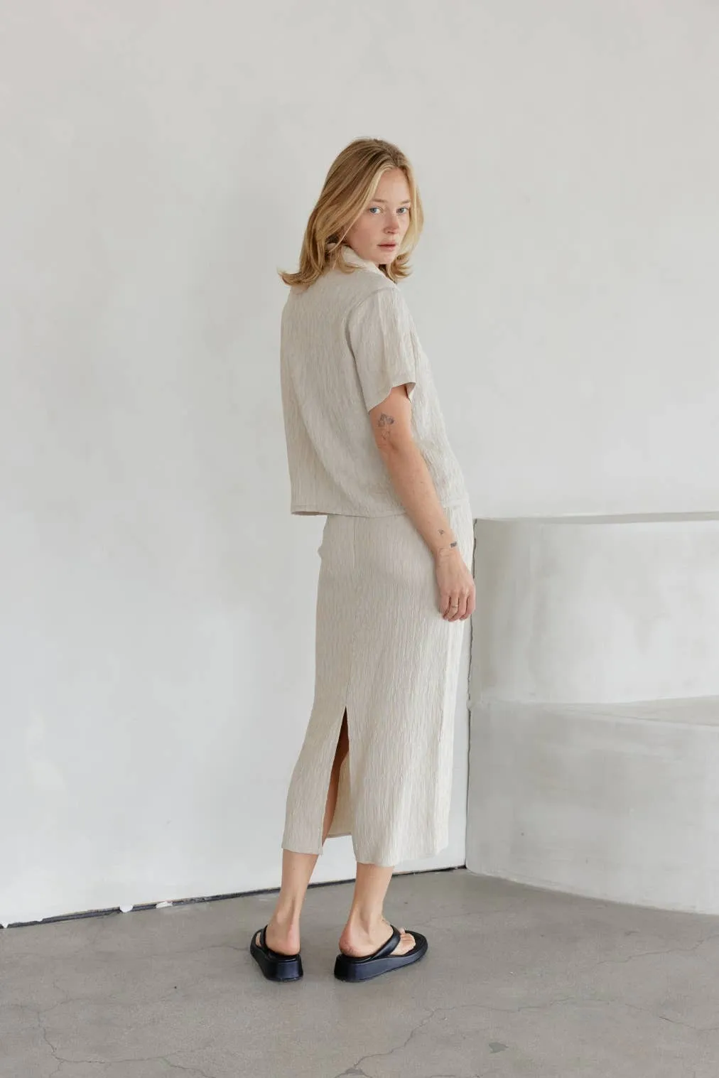 The Miranda Skirt | Textured Midi Skirt with Back Slit