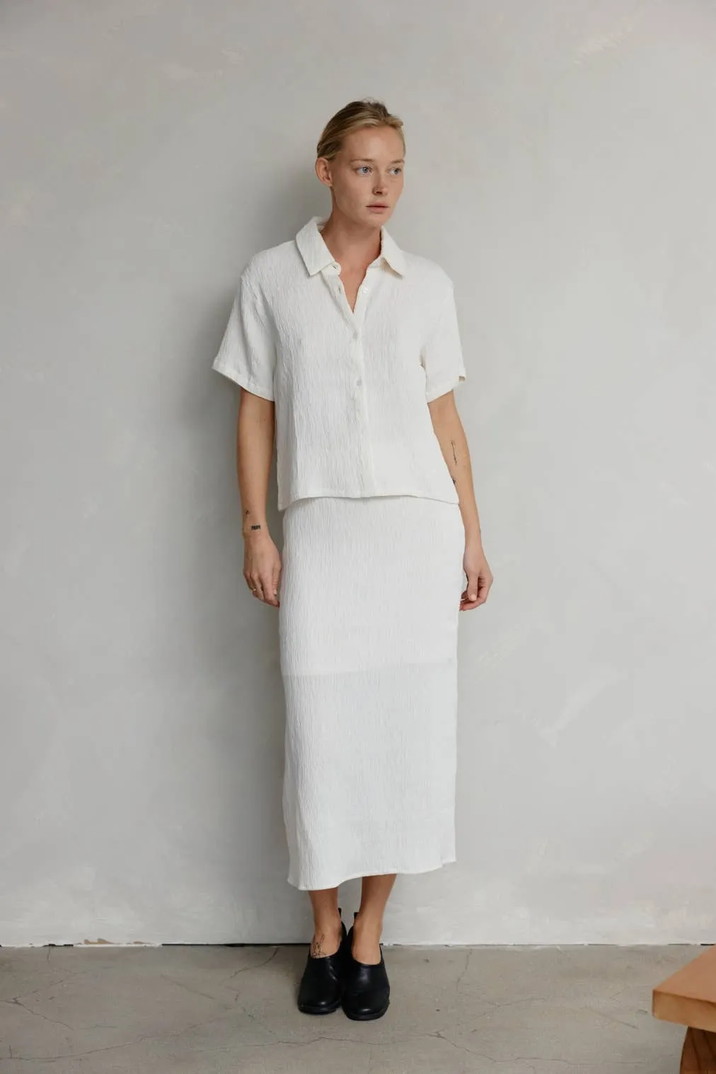 The Miranda Skirt | Textured Midi Skirt with Back Slit