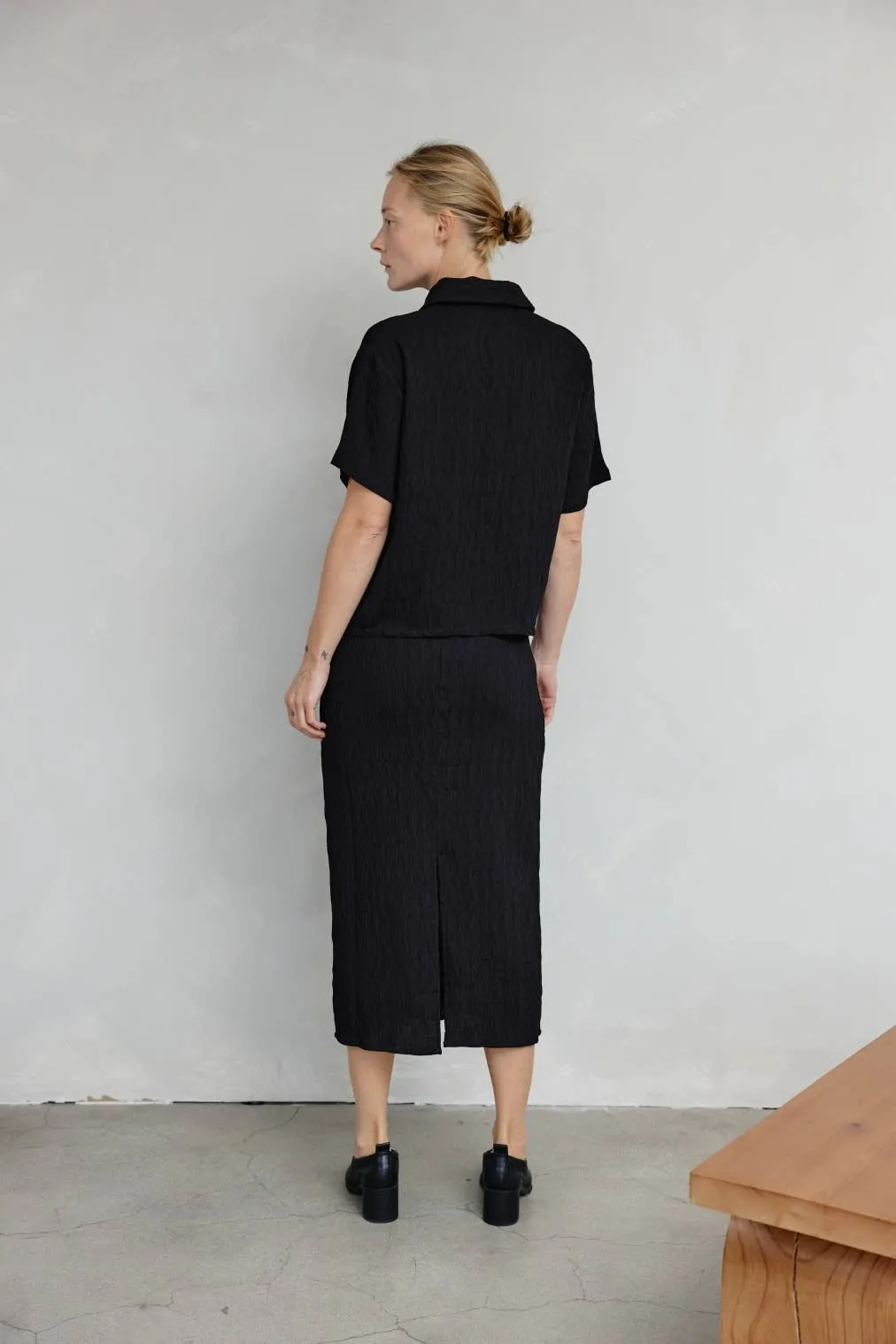 The Miranda Skirt | Textured Midi Skirt with Back Slit