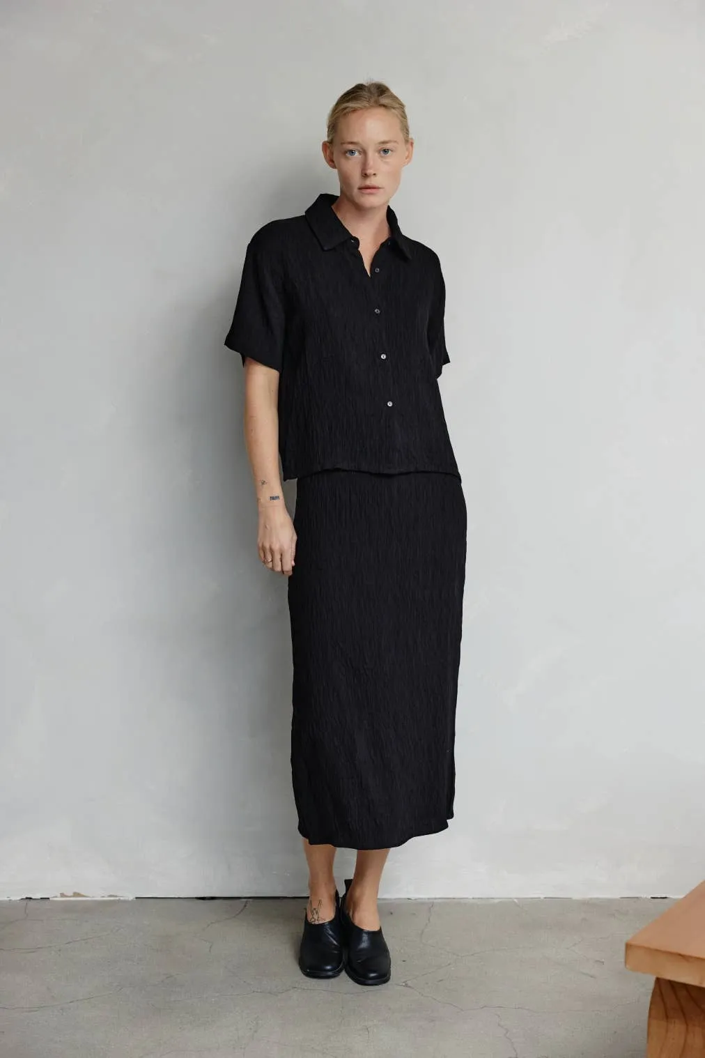 The Miranda Skirt | Textured Midi Skirt with Back Slit